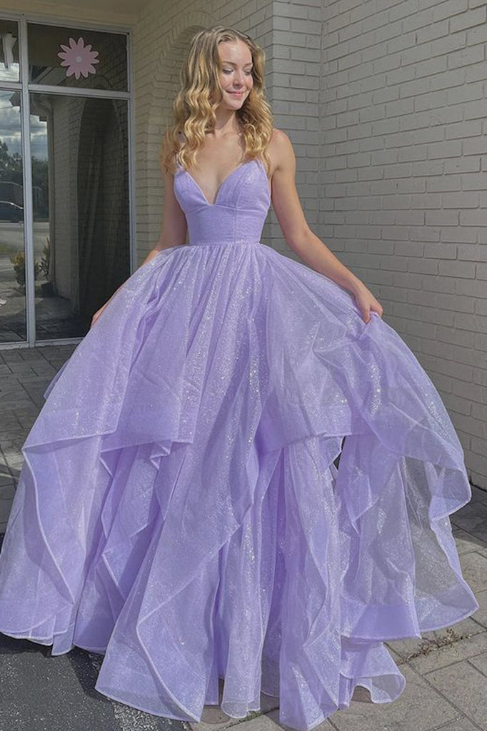 Shiny V Neck Fluffy Purple long Prom ...